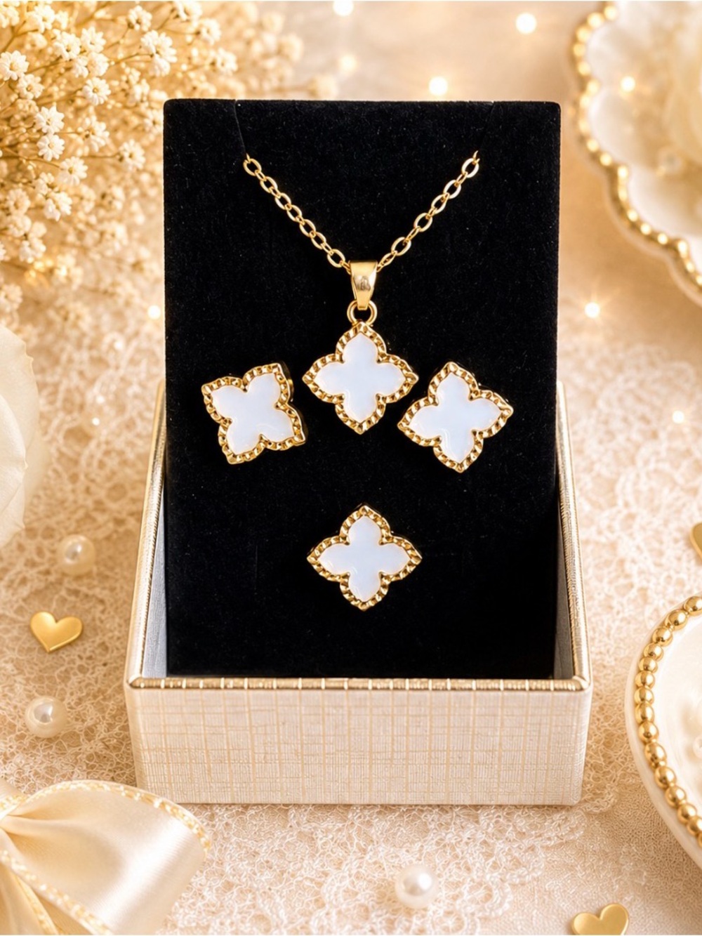 Gold Plated- White Enamel Clover Necklace, Stud Earrings and Adjustable Ring Set